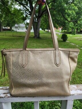 Fossil Shimmery Gold Leather Tote Shoulder Bag Preloved